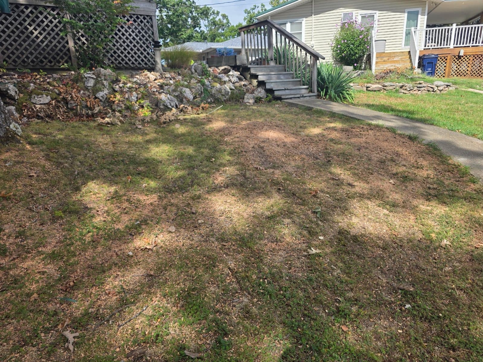 The same sloped yard with both stumps ground out and the grade raked smooth