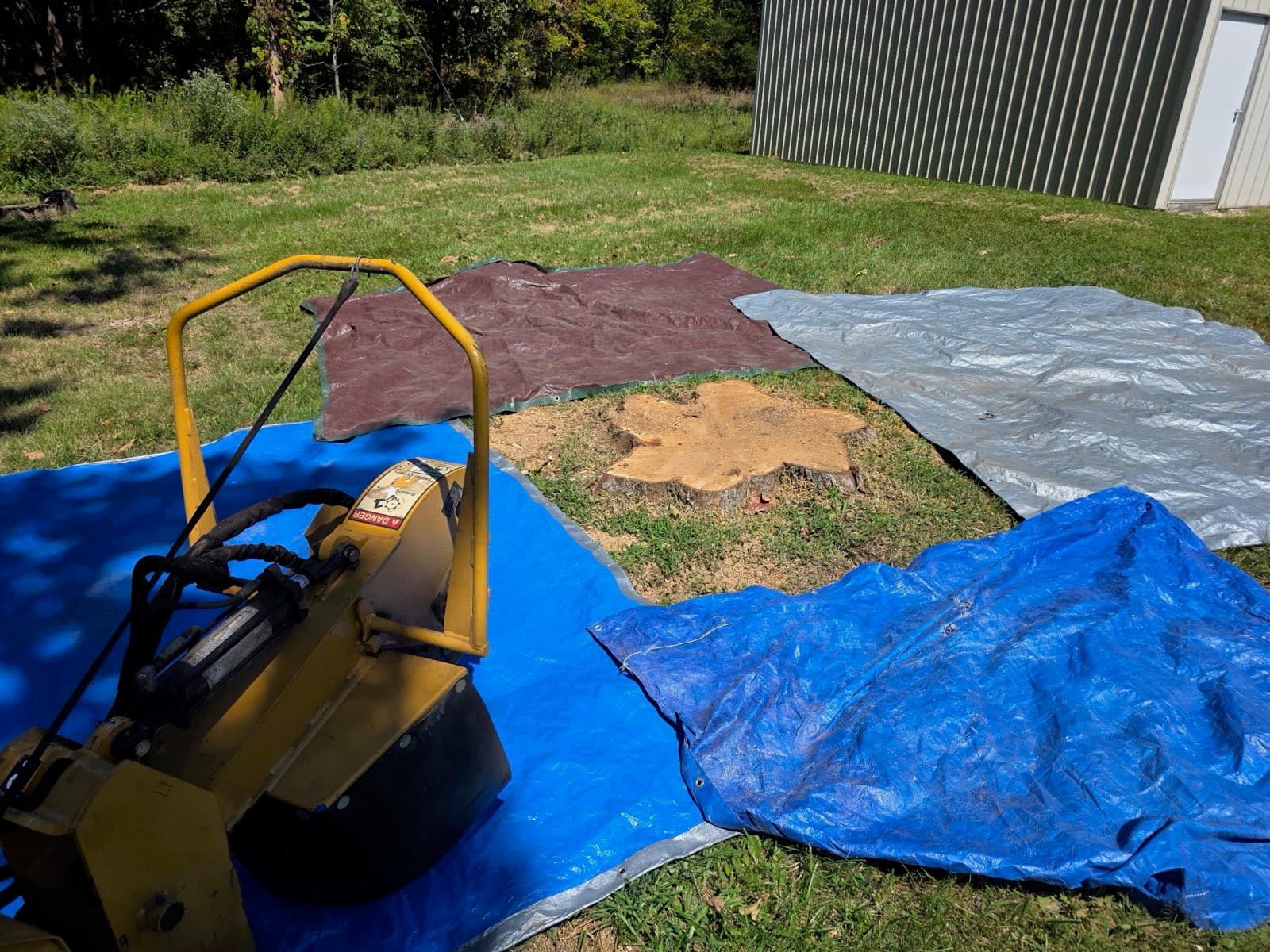 Large oak stump ringed with tarps next to the grinder outside a metal shop building