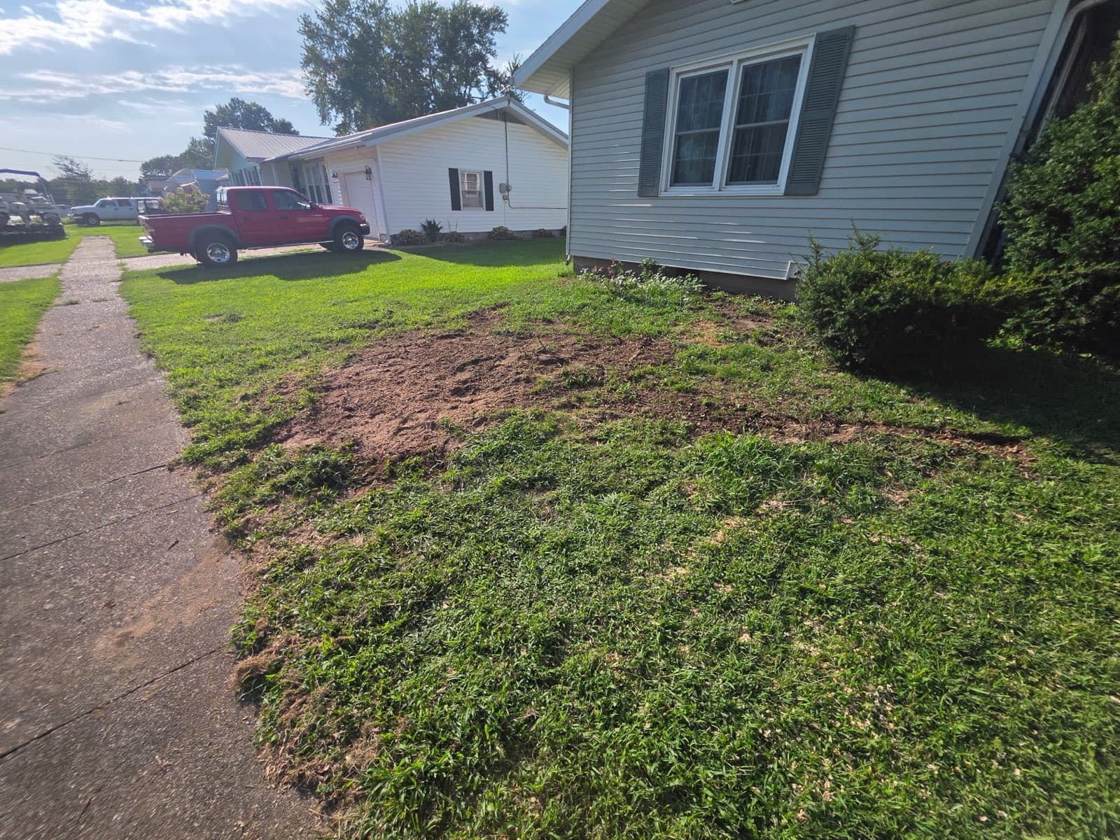 Front yard beside a house with grindings raked level after stump removal